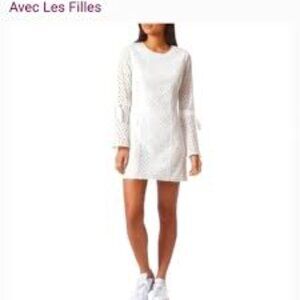 Avec Les Filles White Eyelet‎ Tie Bell Sleeves Cotton Cutout Mini Dress M